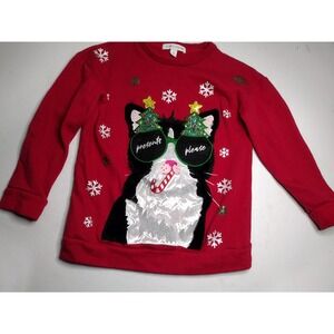 Celebrate Together Kids Red Cat Christmas Sweater Sequins Size M 8